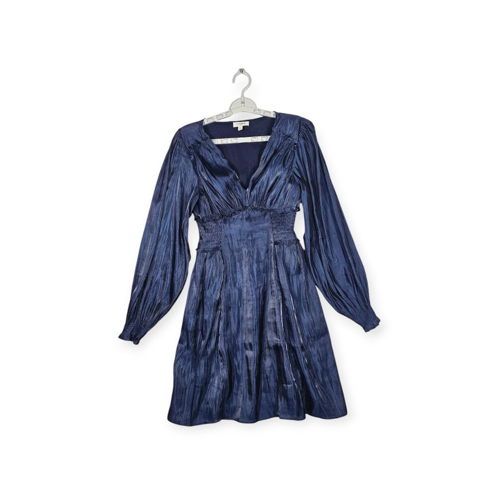 Umgee Metallic Navy Blue Mini Dress - Women's Medium - Long Sleeve V-Neck